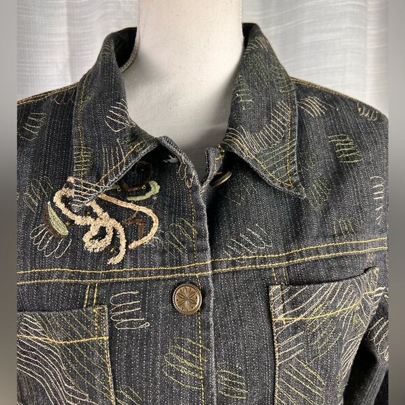 Alex Kim Embroidered Denim Jacket Large Washed Black Tan - Picture 7 of 11